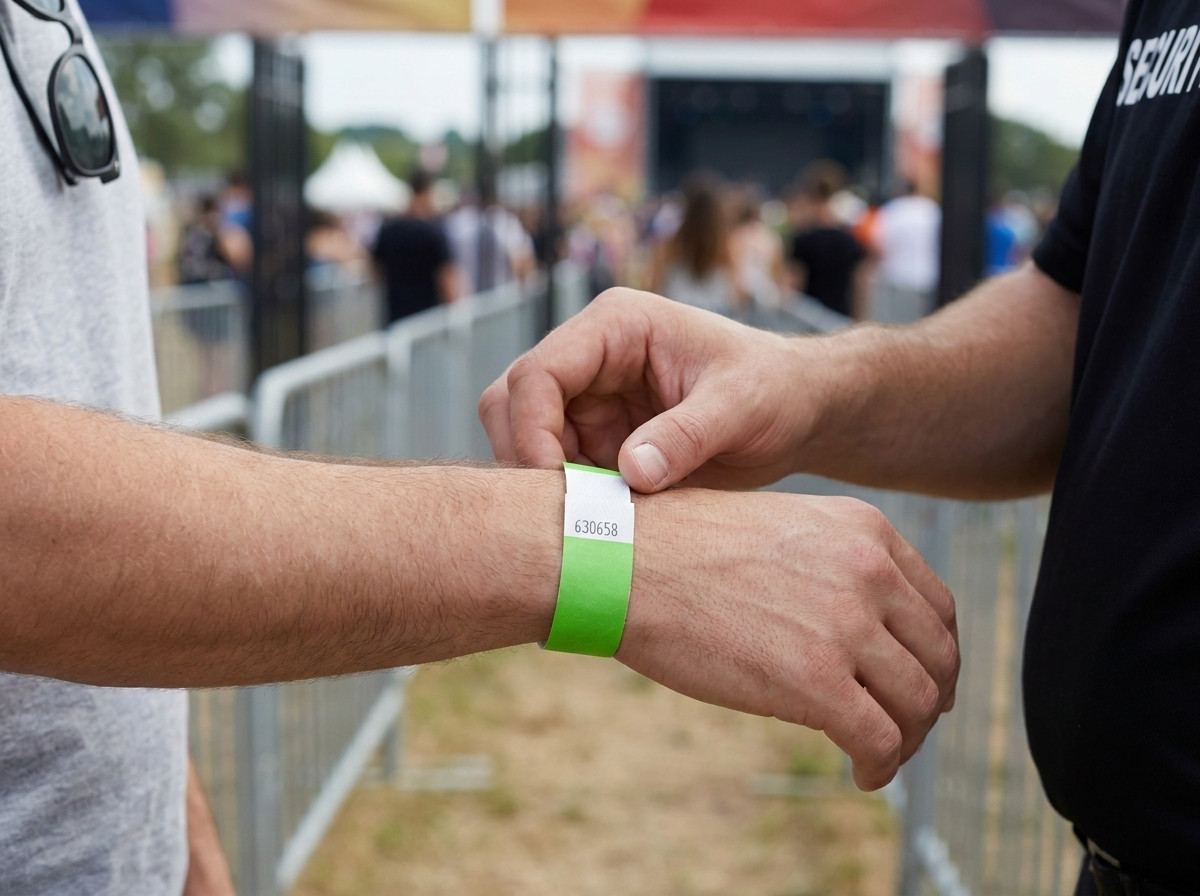 Personnel de sécurité vérifiant le bracelet anti-transfert d'un festivalier à l'entrée d'un événement
