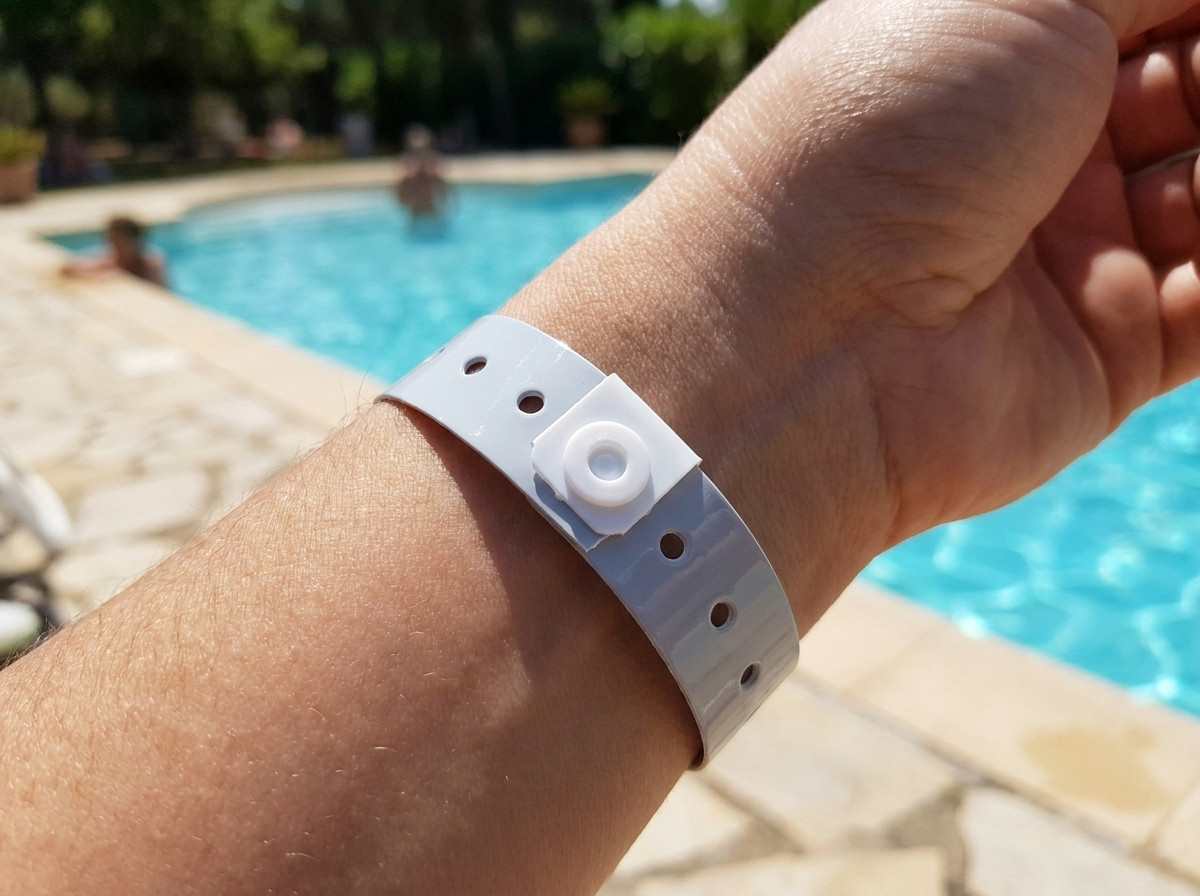 Bracelet Tyvek discret porté au poignet dans un environnement naturiste ensoleillé, bord de piscine