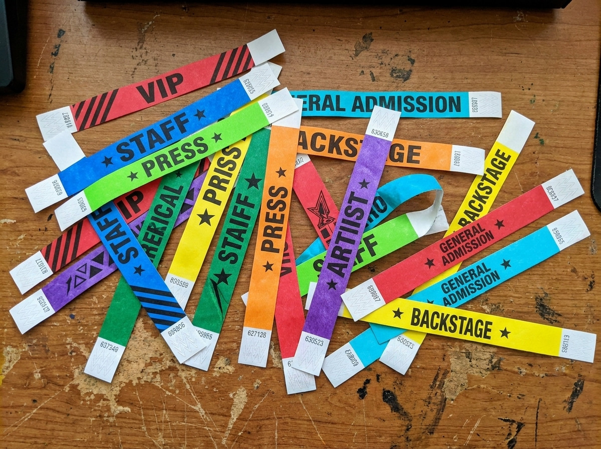 Bracelets de festival colorés Tyvek disposés sur une table de régie, montrant différentes couleurs et impressions pour distinguer les types de pass