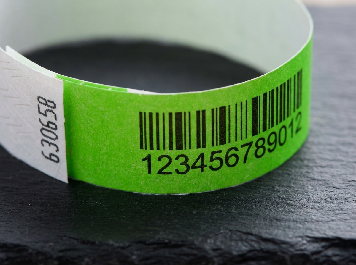 Gros plan sur un bracelet en Tyvek imprimé avec un code-barres Code 128 et un numéro séquentiel, posé sur une surface sombre