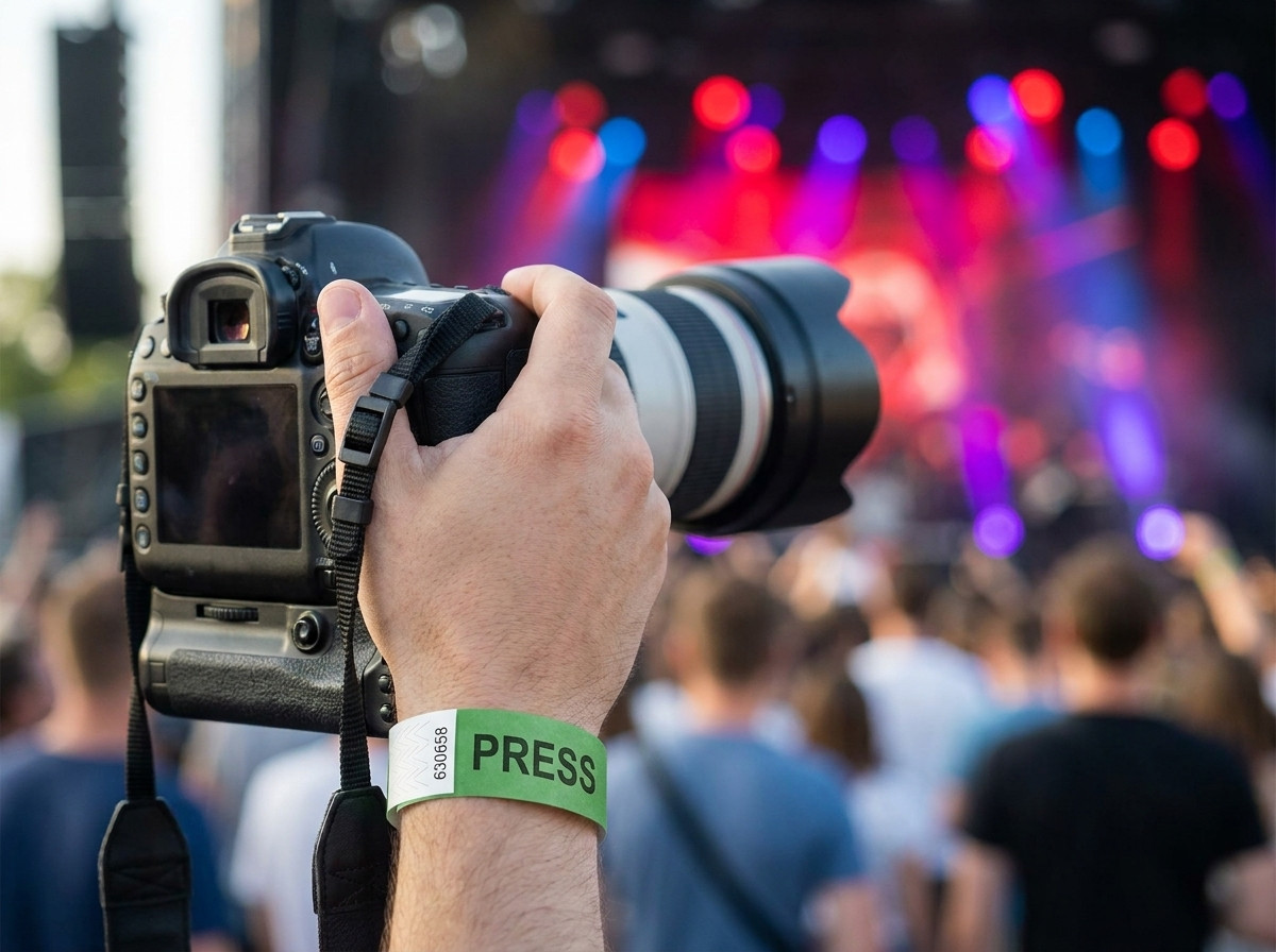 Photographe en fosse portant un bracelet presse personnalisé lors d'un concert