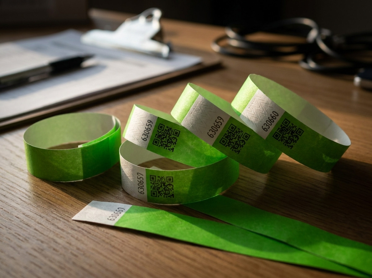 Bracelets contrôle d'accès en Tyvek personnalisés avec codes QR et numérotation séquentielle, posés sur une table de régie événementielle