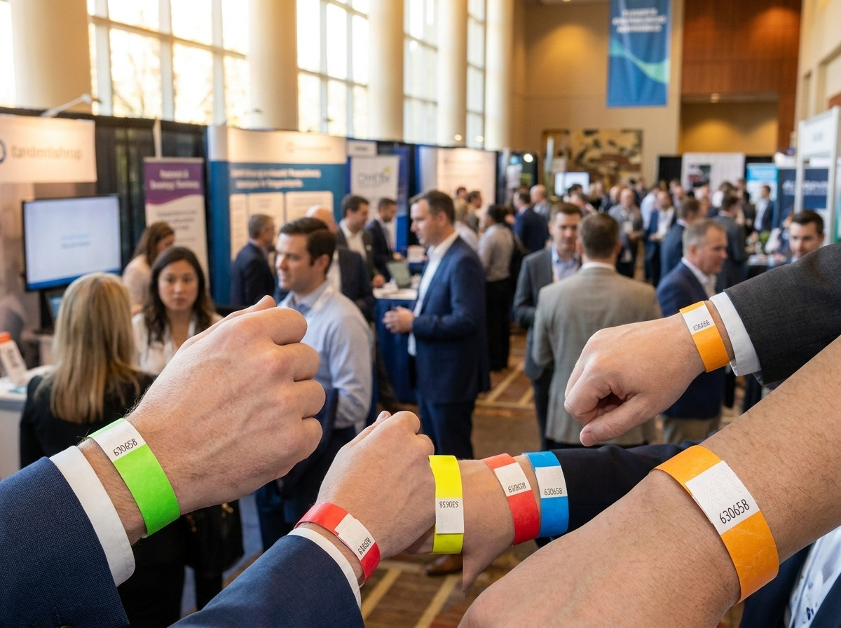 Bracelets Tyvek colorés portés par des professionnels à l'entrée d'un salon B2B, avec code-barres visible et fermeture anti-transfert