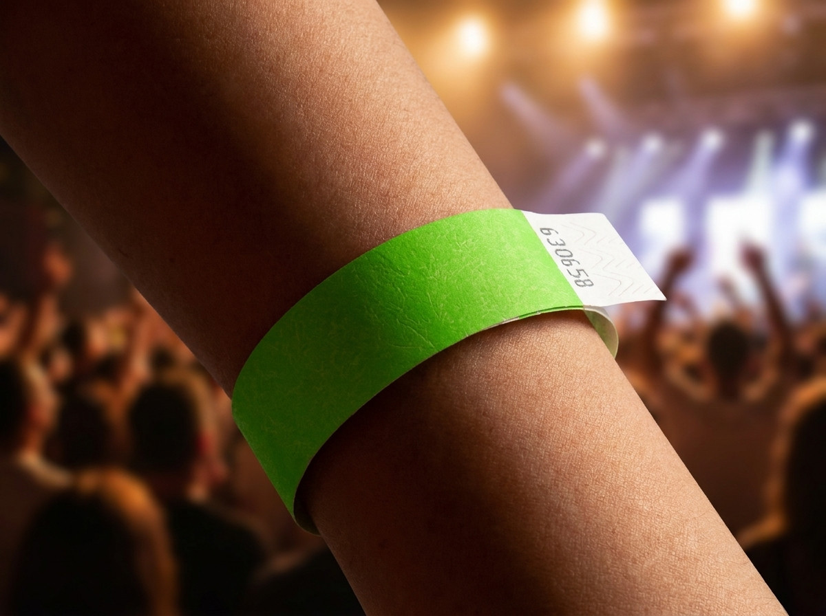 Gros plan sur un bracelet personnalisé porté au poignet d'un coureur de marathon, avec numéro de dossard et logo de l'événement imprimés en HD