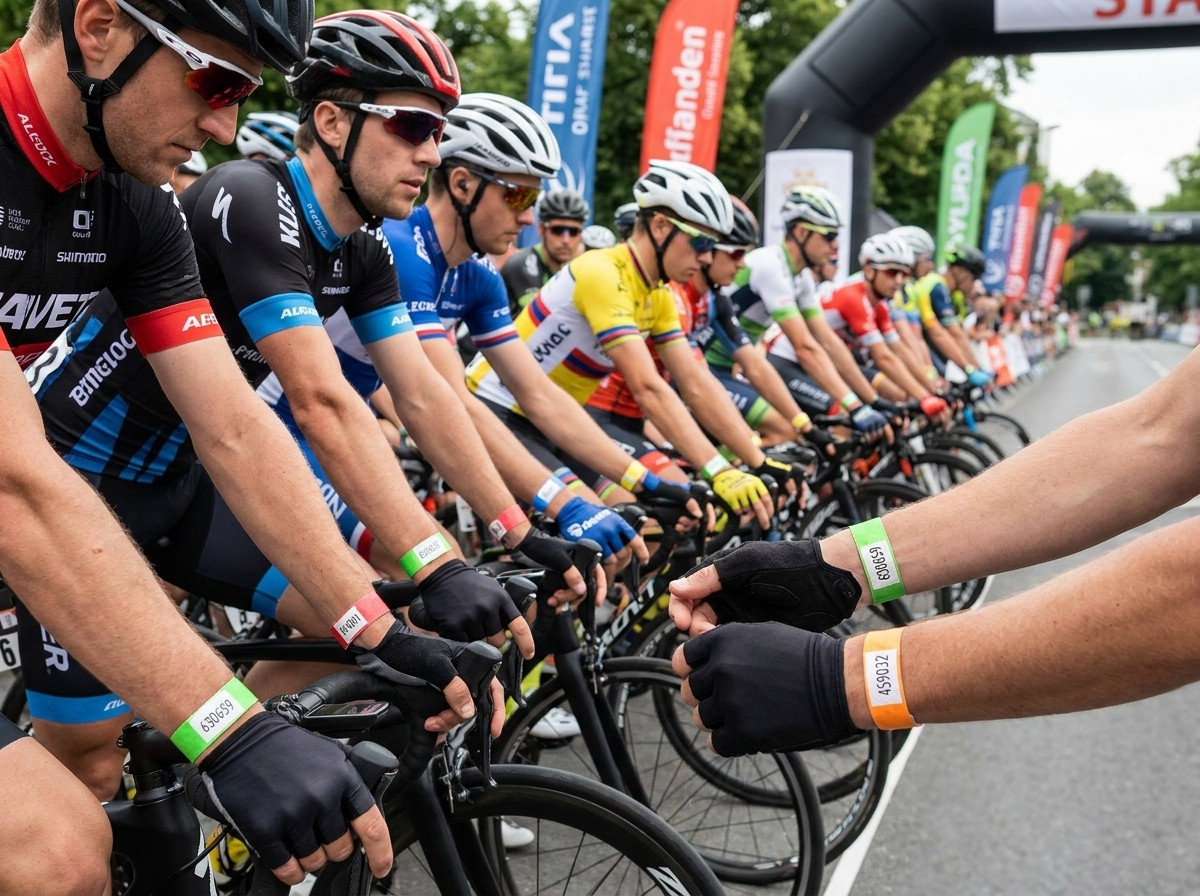 Cyclistes au départ d'une course vélo portant des bracelets d'identification Tyvek colorés au poignet