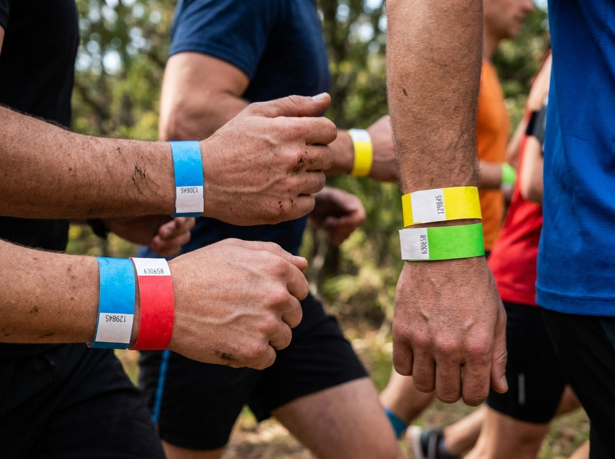 Coureurs portant des bracelets Tyvek colorés lors d'un marathon, avec bénévoles au poste de ravitaillement vérifiant les couleurs de catégorie
