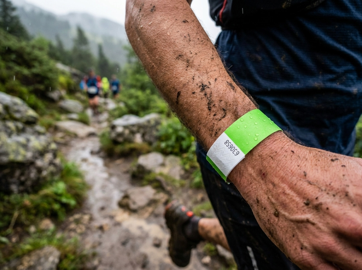 Coureur de trail portant un bracelet identification résistant à la boue lors d'une course en montagne