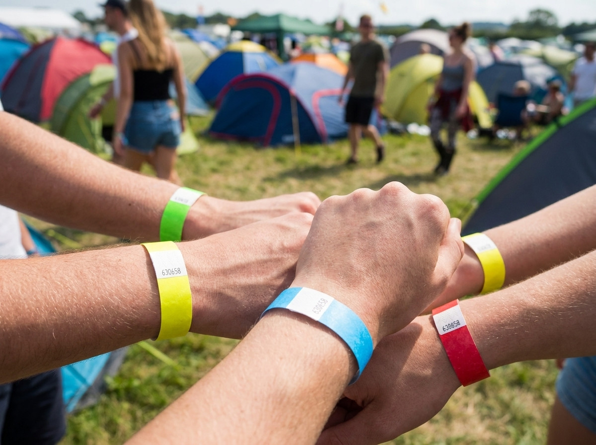 bracelets identification colorés portés par des festivaliers devant un camping de festival en plein air avec des tentes en arrière-plan