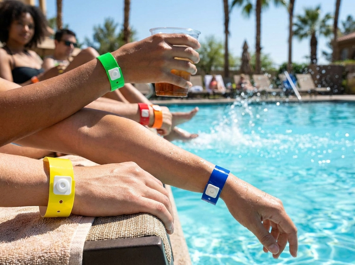 Bracelets vinyle colorés portés au poignet de clients au bord dune piscine dhôtel extérieure ensoleillée