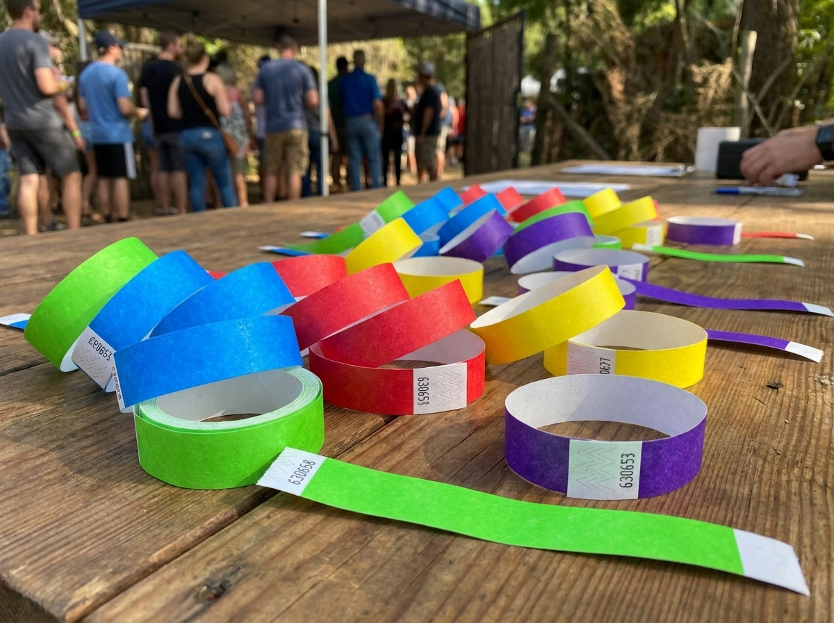 Bracelets d'identification Tyvek personnalisés pour enfants, patients et événements, posés sur une table avec impression HD lisible