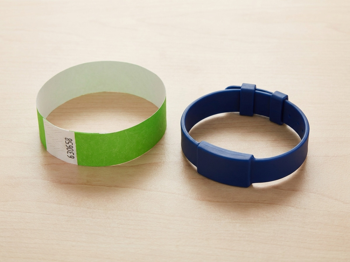 Photo comparant un bracelet Tyvek jetable et un bracelet plastique rigide réutilisable posés côte à côte sur une table