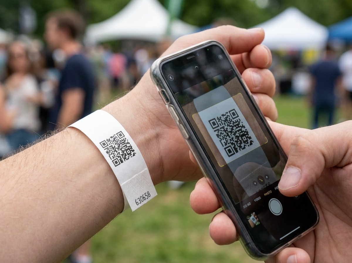 Gros plan sur un bracelet en Tyvek blanc portant un QR code imprimé en noir, scanné par un smartphone lors d'un contrôle d'accès à l'entrée d'un festival