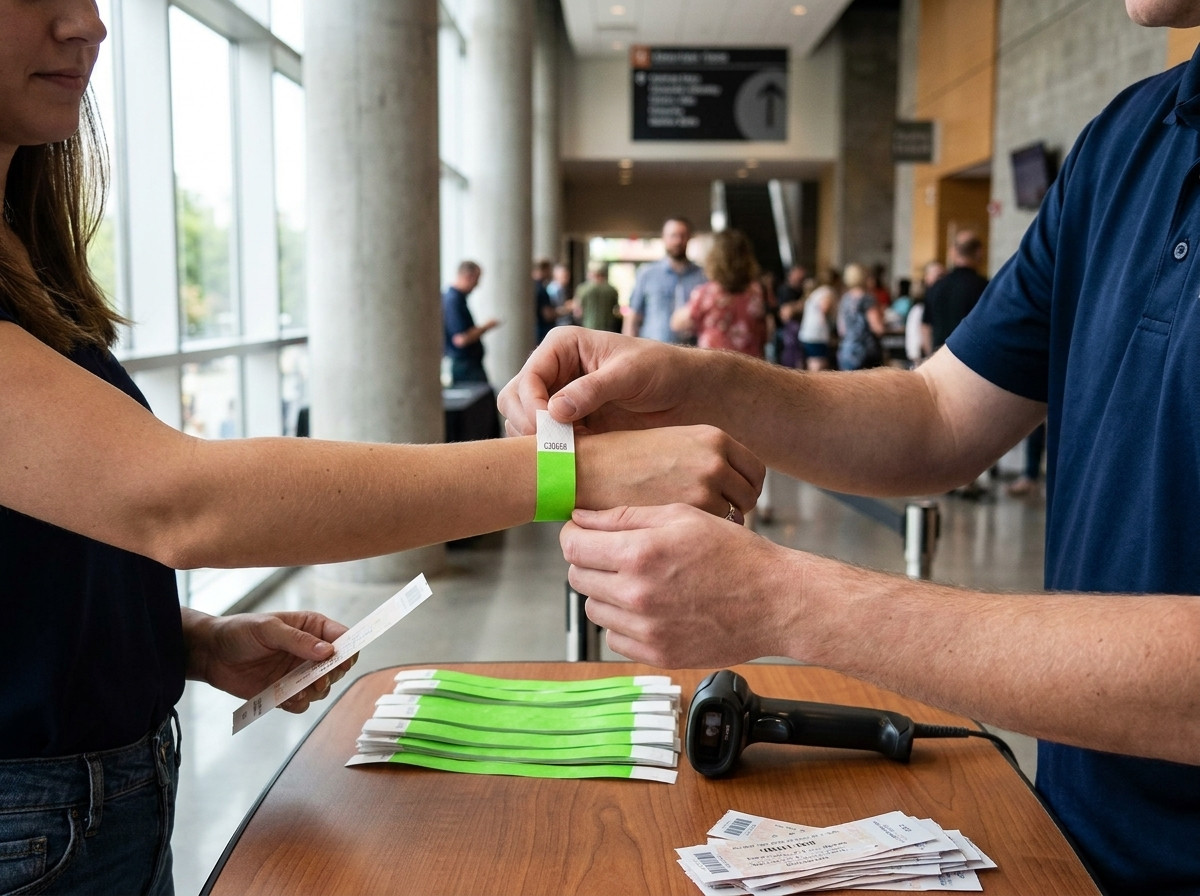 Table de contrôle d'accès lors d'un festival, avec des bracelets Tyvek à QR code empilés prêts à être distribués et un agent qui scanne le poignet d'un participant avec un téléphone